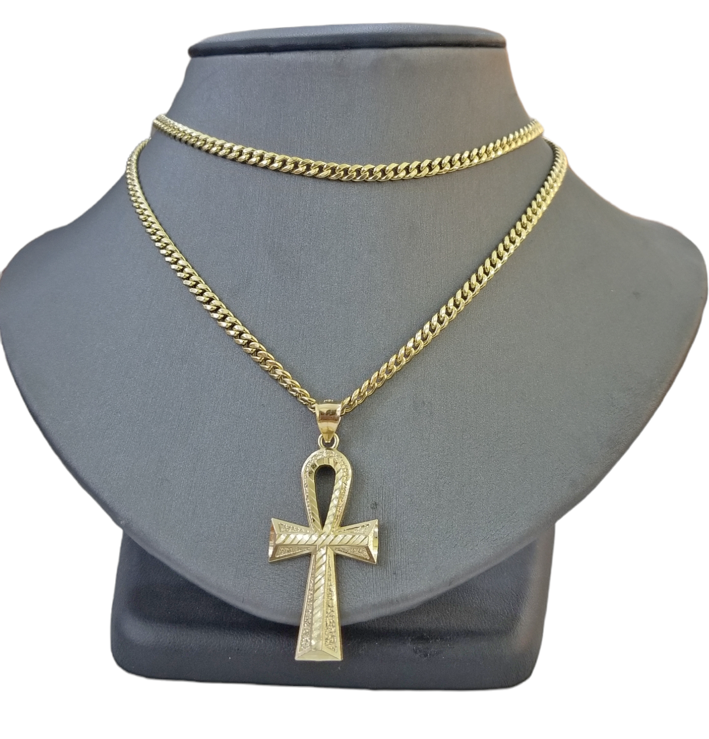 Real 10k Gold Ankh Cross Pendent 4mm Cuban Link Chain 18"20' 22" 24" 26" 28" 30"