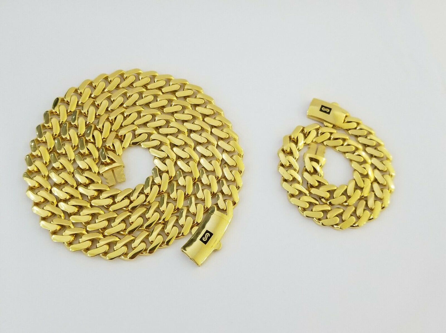 Real 10k Gold Miami Cuban Link Royal 8mm Monaco chain and Bracelet Set ,Necklace