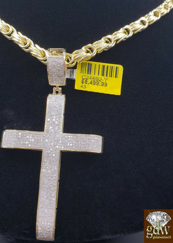 Real 10k Gold Byzantine Chain Necklace 24" &Genuine 1.52CT Diamond Cross pendant