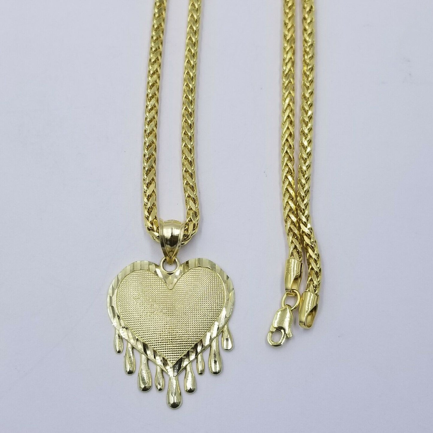 10k Dripping Heart Yellow Gold Diamond Cut Pendant Palm Chain 20" 3mm