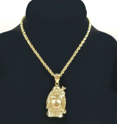 10k Gold Laughing Buddha Lucky Charm Pendant Rope Chain REAL 3mm, 18 20 22 24 26