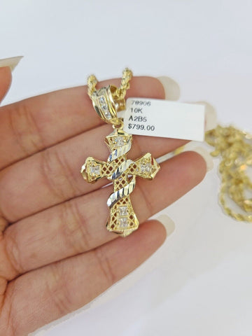 10k Gold Spiral Cross Charm Rope Chain 3mm 24'' Set Yellow Diamond Cut