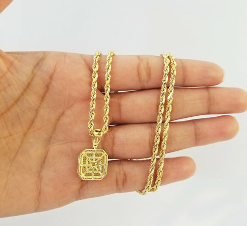 10K Yellow Gold Diamond Charm rope chain 3mm 18" SET & Pillow Pendant & Neckalce
