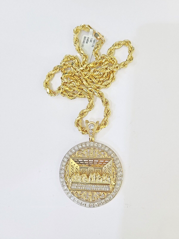 10k Gold Rope Chain Last Supper Charm Pendent SET 5mm 22 Inch