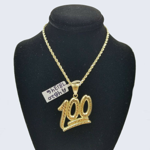 10K 100 Emoji Sign Gold Charm Pendant with Rope Chain 16 18 20 22 24 Inch 2.5mm