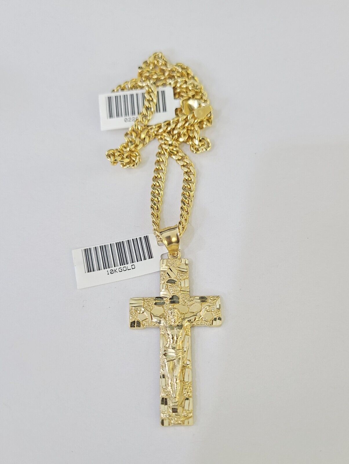 10k Nugget Cross Charm Miami Cuban Chain 4mm 22 inch SET Yellow Gold