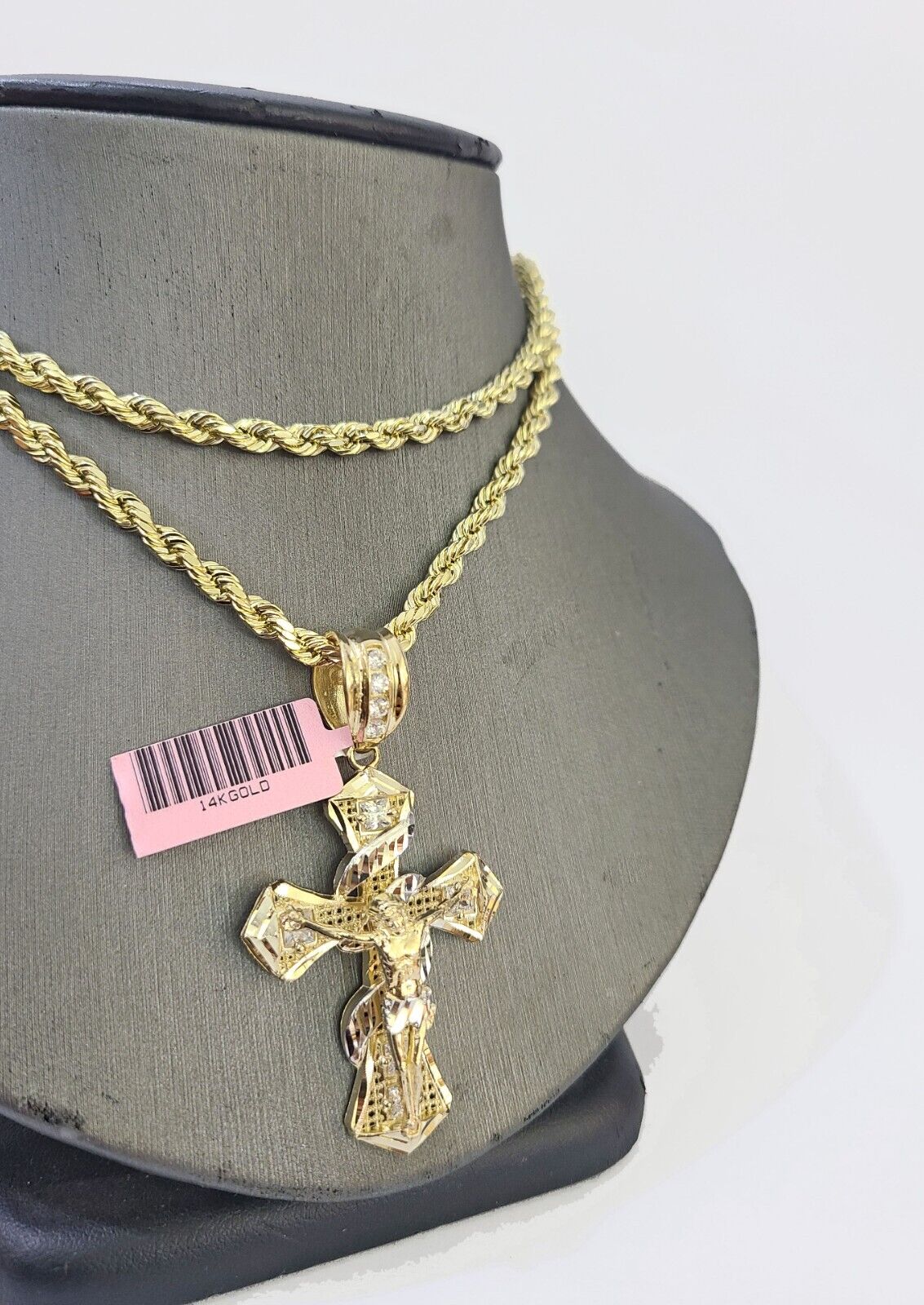 14k Yellow Gold Rope Chain & Jesus Swirl Cross Charm SET 5mm 26Inches Necklace