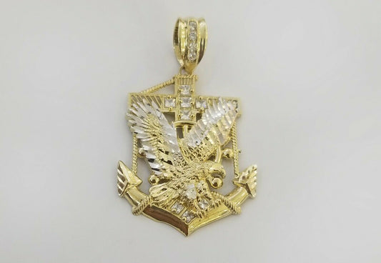 Real 10k Yellow Gold American Eagle Anchor Pendant 2 inches Cubic Zirconia Charm