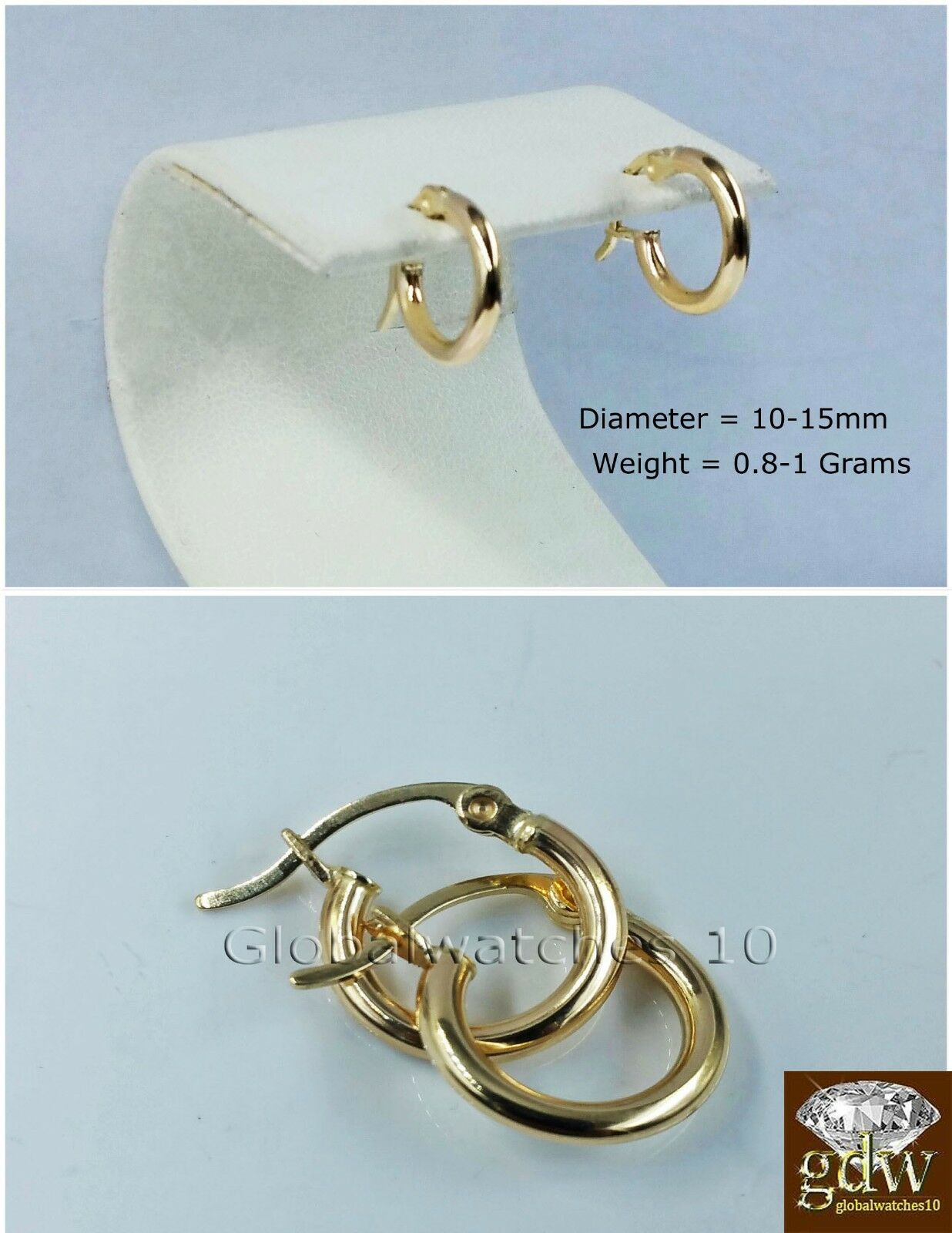 Real 10K Yellow Gold in 10-15 mm Diameter Hinged Hoop Earrings for Men/Women/Kid