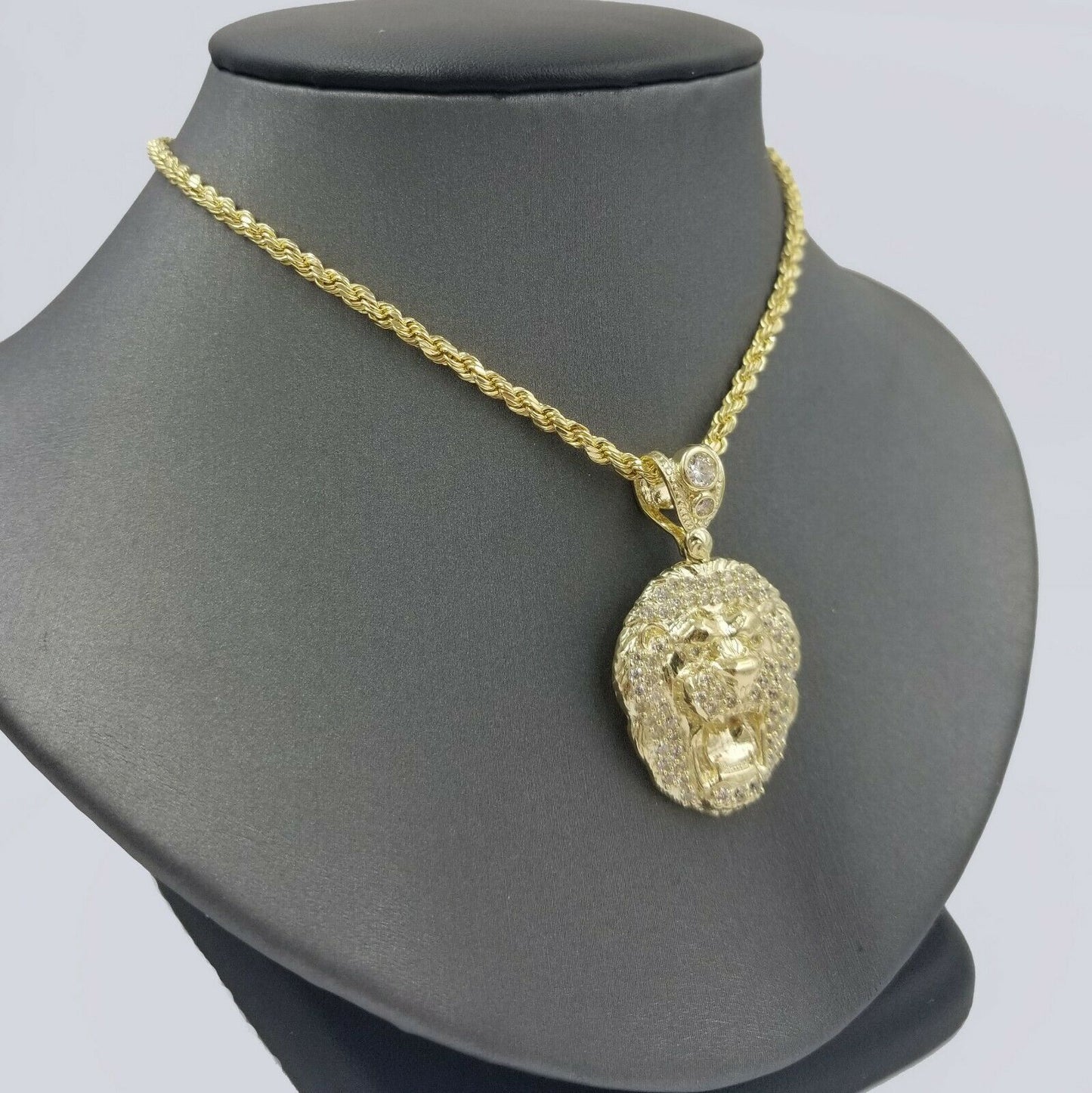 10k Yellow Gold Roaring Lion Head Charm Pendent With 3mm Rope Chain 20 22 24