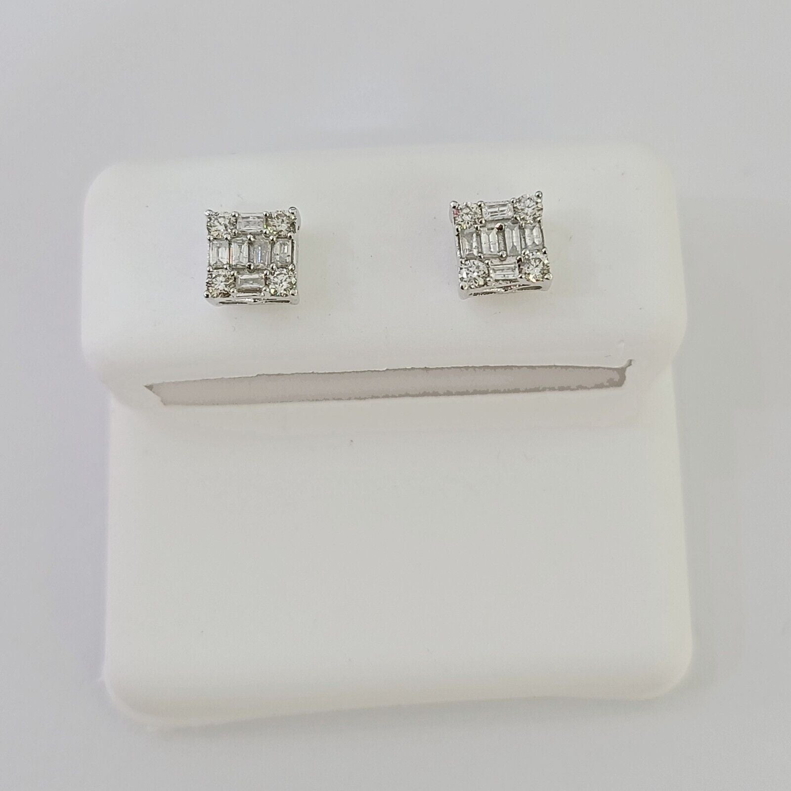 10k White Gold Sqaure Earrings Real Diamond Screw-Back Women Men Studs