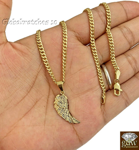 10k Gold Wing Charm Pendant with Miami Cuban Chain 22" 24" 26" 28" Real