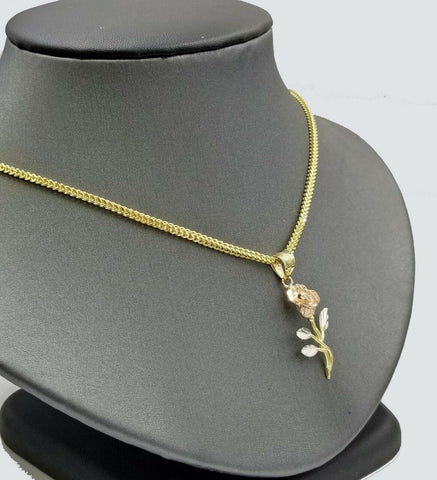 Real 10k Trio Gold Rose Flower Charm/Pendant With 3mm Franco Chain 18" For Women