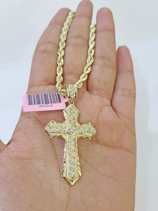 14k Yellow Gold Rope Chain &C-Z Cross Charm SET 5mm 22 Inch Necklace REAL