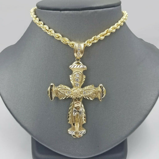 Real 10k Yellow Gold Rope Chain Crucifix Cross Pendent Jesus Diamond Cut Charm