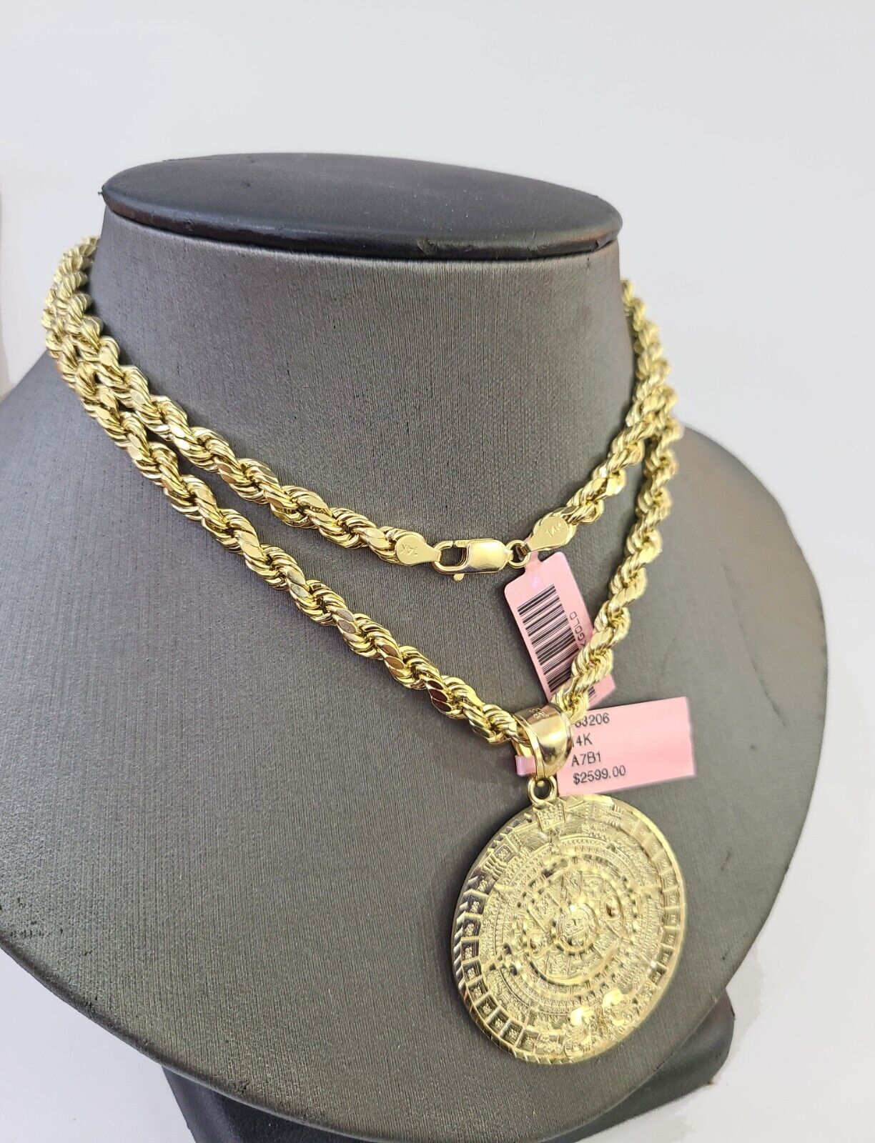 14k Yellow Gold Rope Chain & Mayan Calendar Charm SET 5mm 24 Inches Necklace