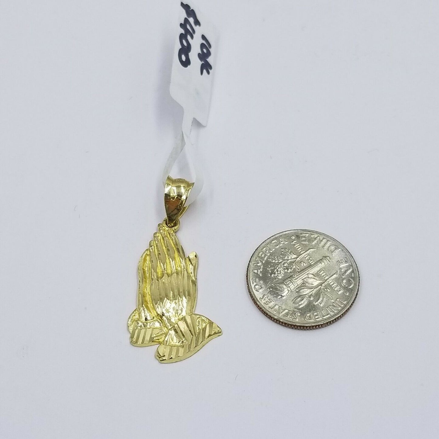 Real 10k Yellow Gold Praying Hands Charm Pendent Rope Chain 2.5mm 18 20 22 24