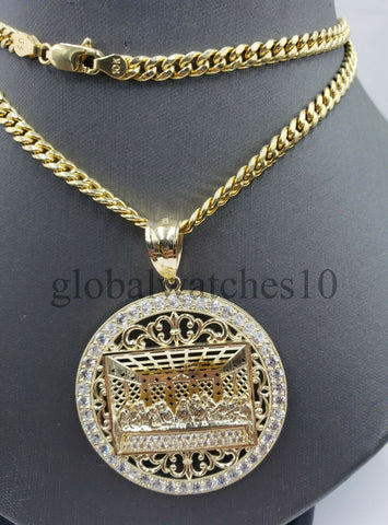 REAL 10k Gold Last supper Pendant Charm Jesus, Men 10k Cuban Link Chain Necklace
