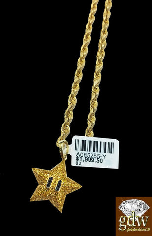 Real 10k Yellow Gold Diamond Star Emoji Charm 26" 3mm Rope Chain