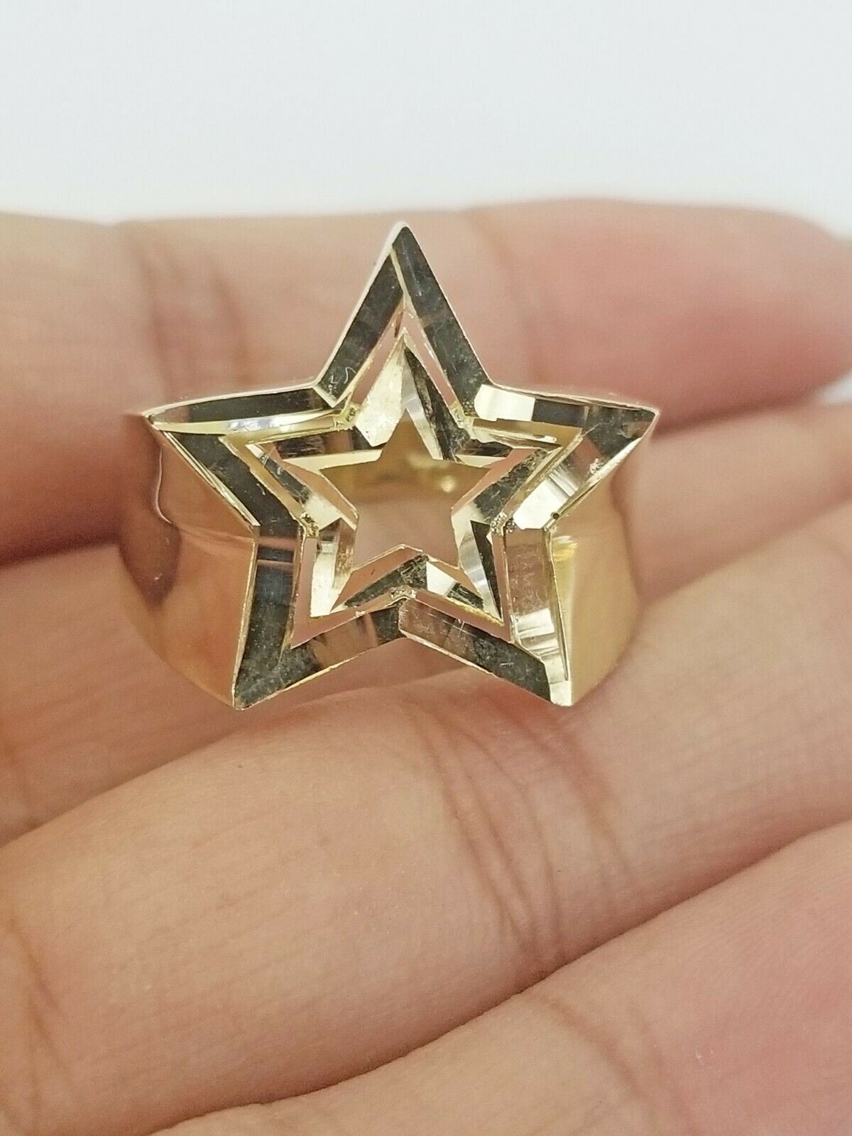 10k Yellow Gold Double Star Mens Ring Diamond Cut Design Real 10k casual pinky