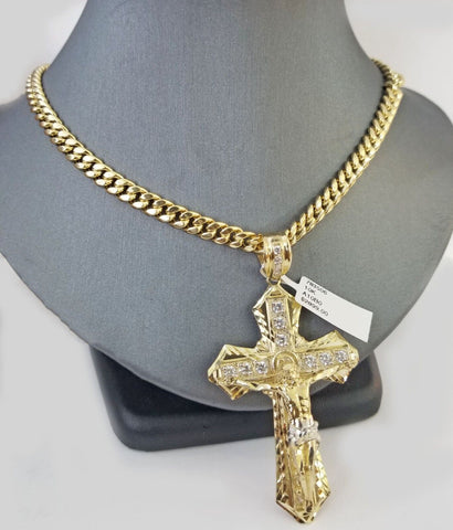 Real 10k Yellow Gold Cross Miami Cuban Link Chain Jesus Charm Pendant 6mm 24"