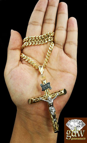 Real 10K Men Gold Miami Cuban Chain with Jesus Cross Charm Pendant