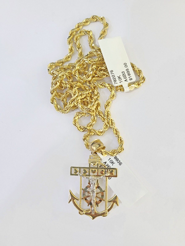 10k Gold Anchor Jesus Pendant Rope Chain 3mm 24'' Necklace Set Diamond Cut