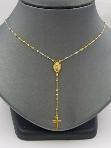 14k trio-color Gold Rosary Necklace Ladies Chain Cross Pendant Virgin MarryReal