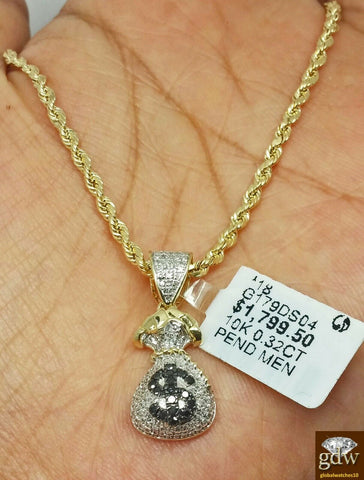 Real 10k Money Bag Charm With 0.32 CT Diamond Including 22" Inches rope Chain