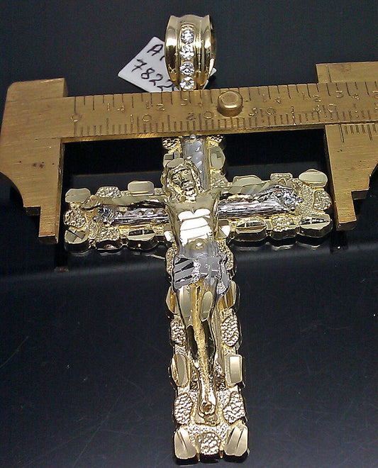 10K Real Yellow Gold Nugget Cross Charm Diamond Cut Men's Pendant