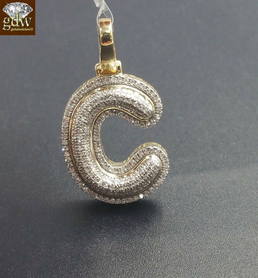 10k Yellow Gold Diamond Bubble Letter A-Z Initial Charm Pendent Real Diamond