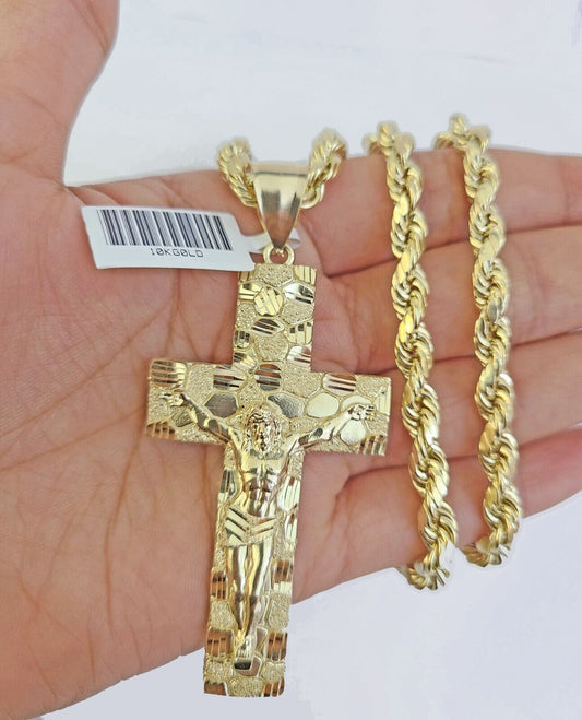 Real 10k Gold Nugget Cross Rope Necklace 6mm 24" Chain Charm SET 10kt