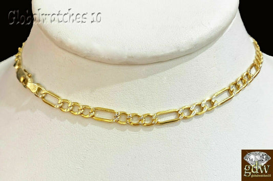 10k Yellow Gold men Figaro Chain necklace 4mm Diamond Cut 26" Cuban