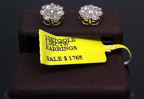 10K Yellow Gold Diamond Men Women Flower Shape Earring Round
