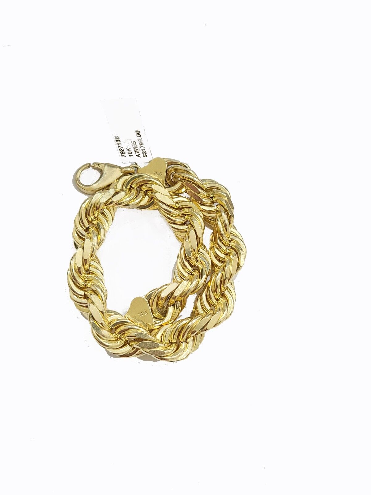 Real 10K Yellow Gold Rope Bracelet 10mm 7.5 Inch Lobster Lock