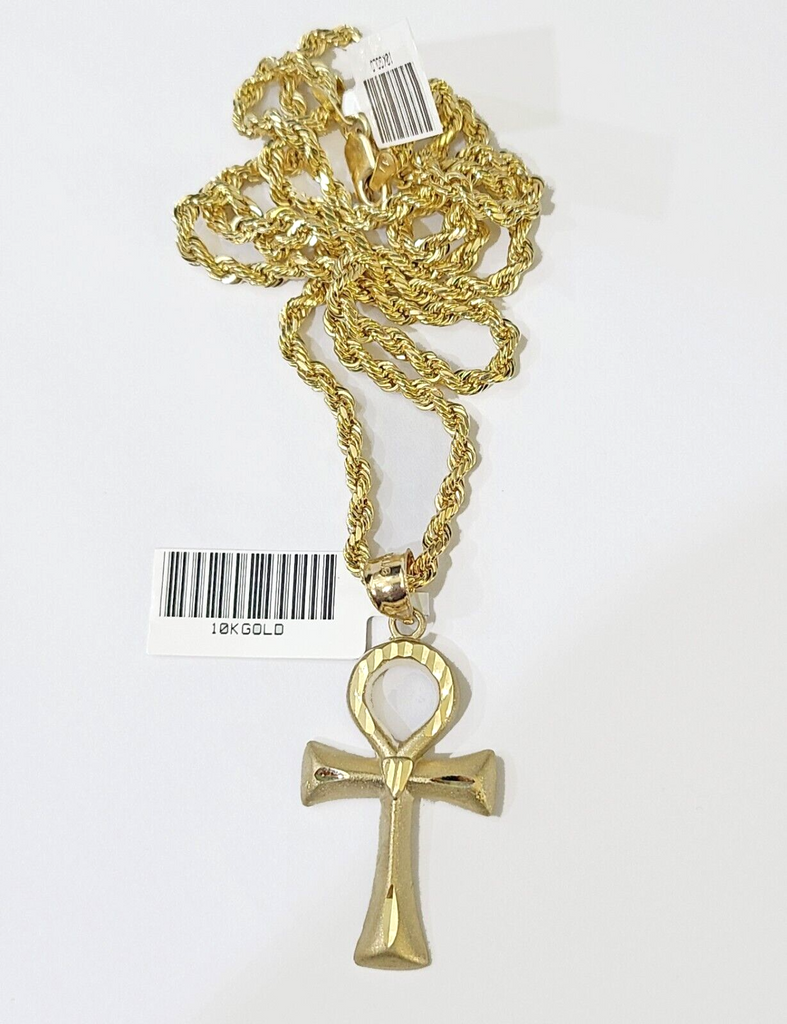 10k Gold Rope Chain & Ankh Cross Charm Pendent SET 3mm 26Inches Necklace