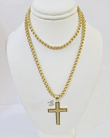 Real 10k Gold Plain Cross Byzantine Chain Necklace 3mm 22" SET 10kt Genuine