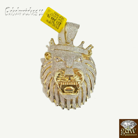 Real 10k Yellow Gold Diamond Mens Lion Head Charm Pendant with Genuine Diamonds.