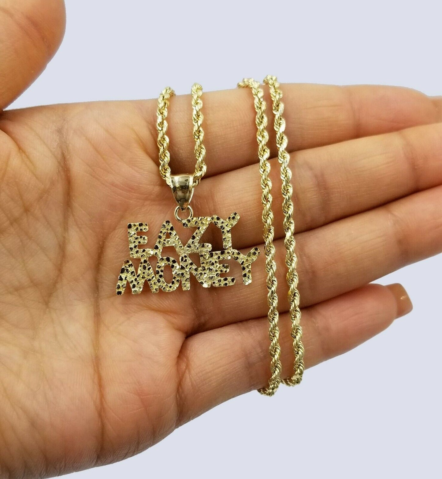 10k Yellow Gold Easy Money Sign Pendant with Rope Chain Nuggets Design 18"