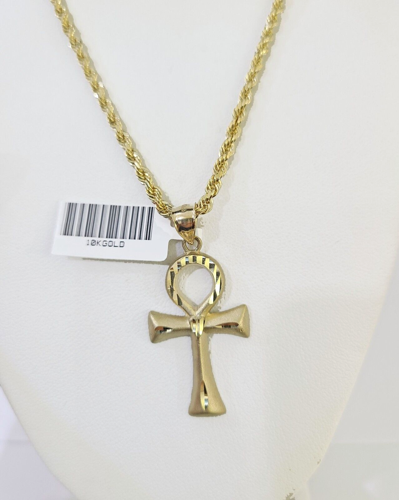 10k Gold Rope Chain & Ankh Cross Charm Pendent SET 3mm 20Inches Necklace