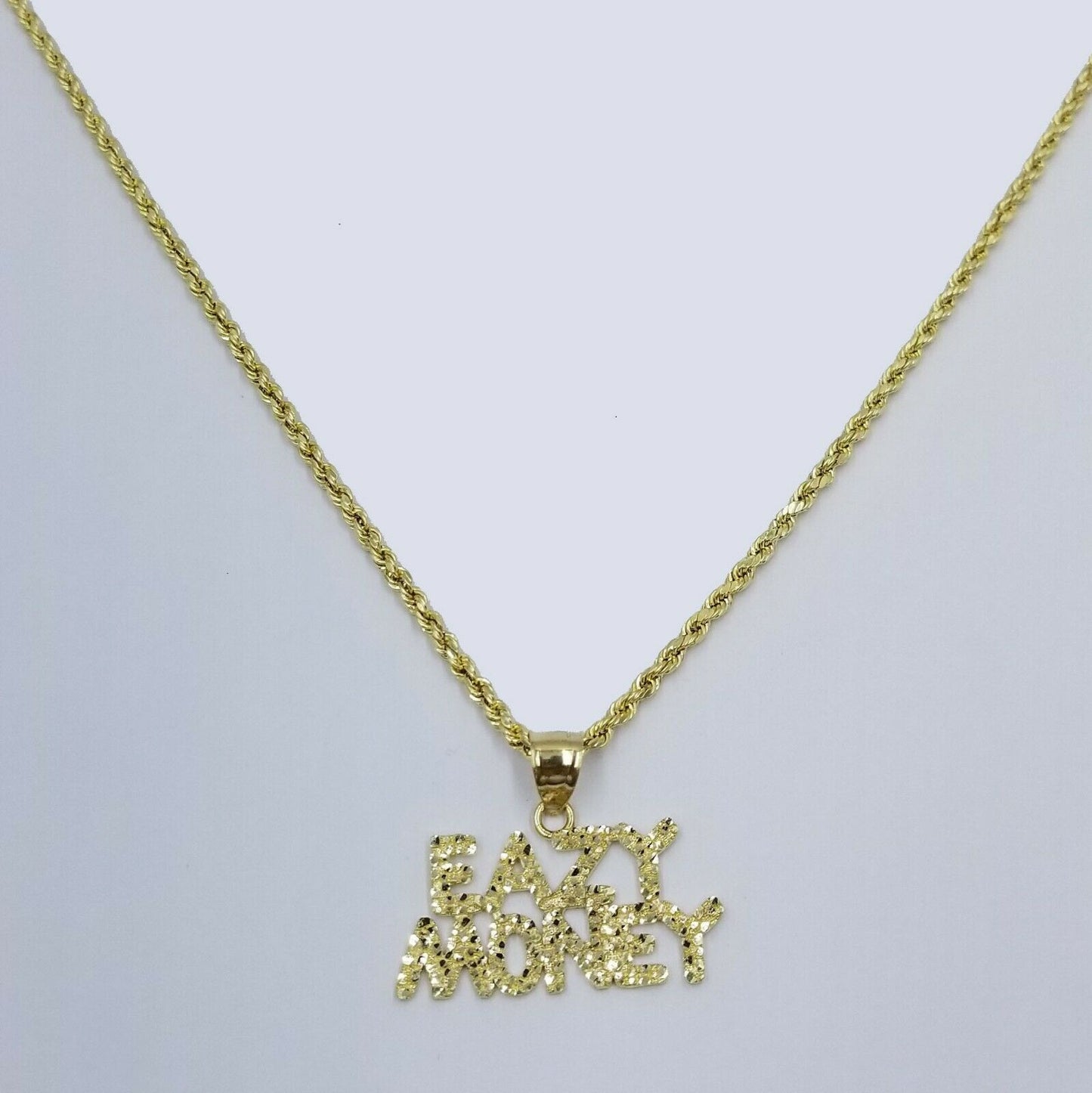 10k Yellow Gold Easy Money Sign Pendant with Rope Chain Nuggets Design 18"