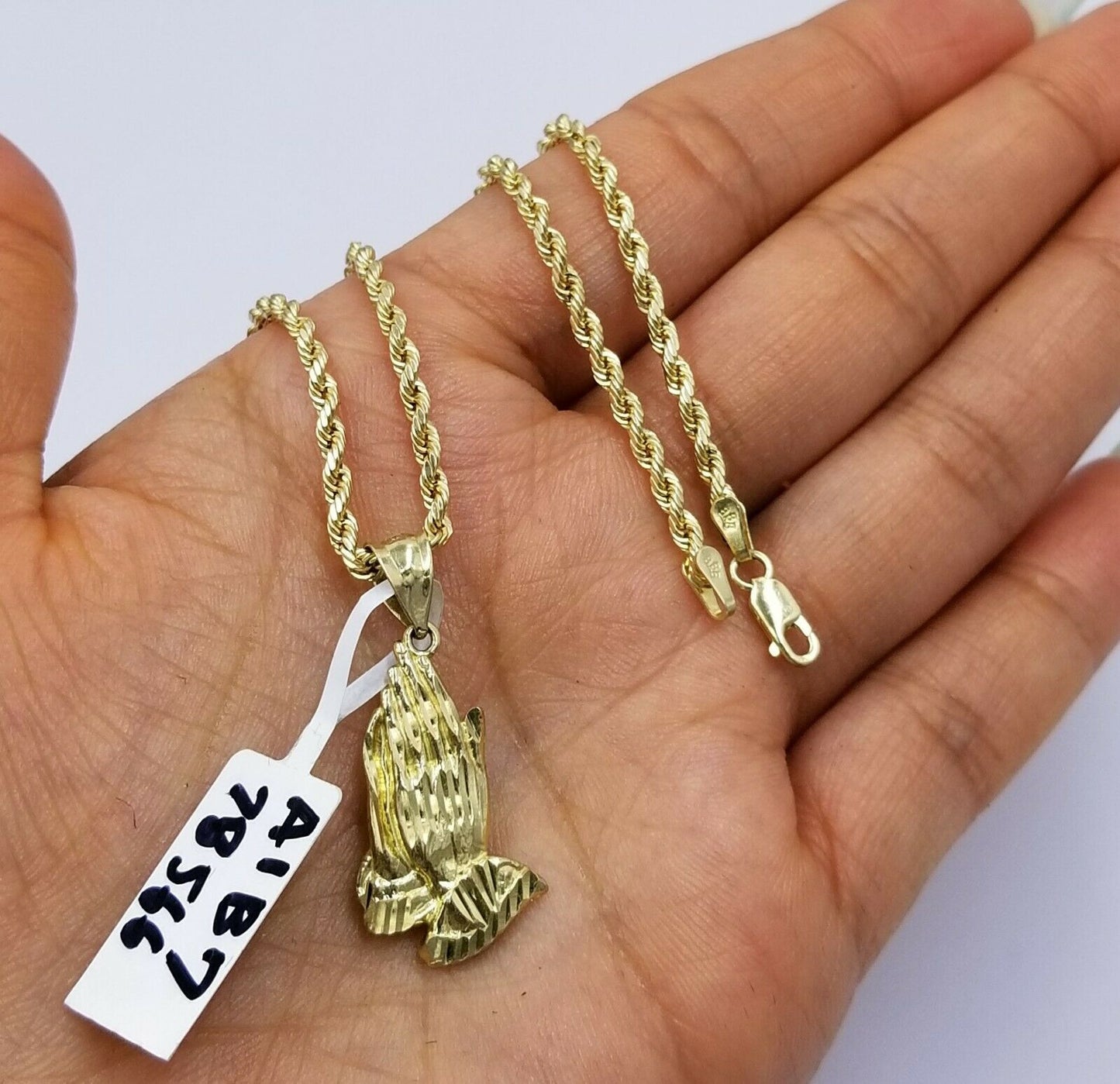 Real 10k Yellow Gold Praying Hands Charm Pendent Rope Chain 2.5mm 18 20 22 24