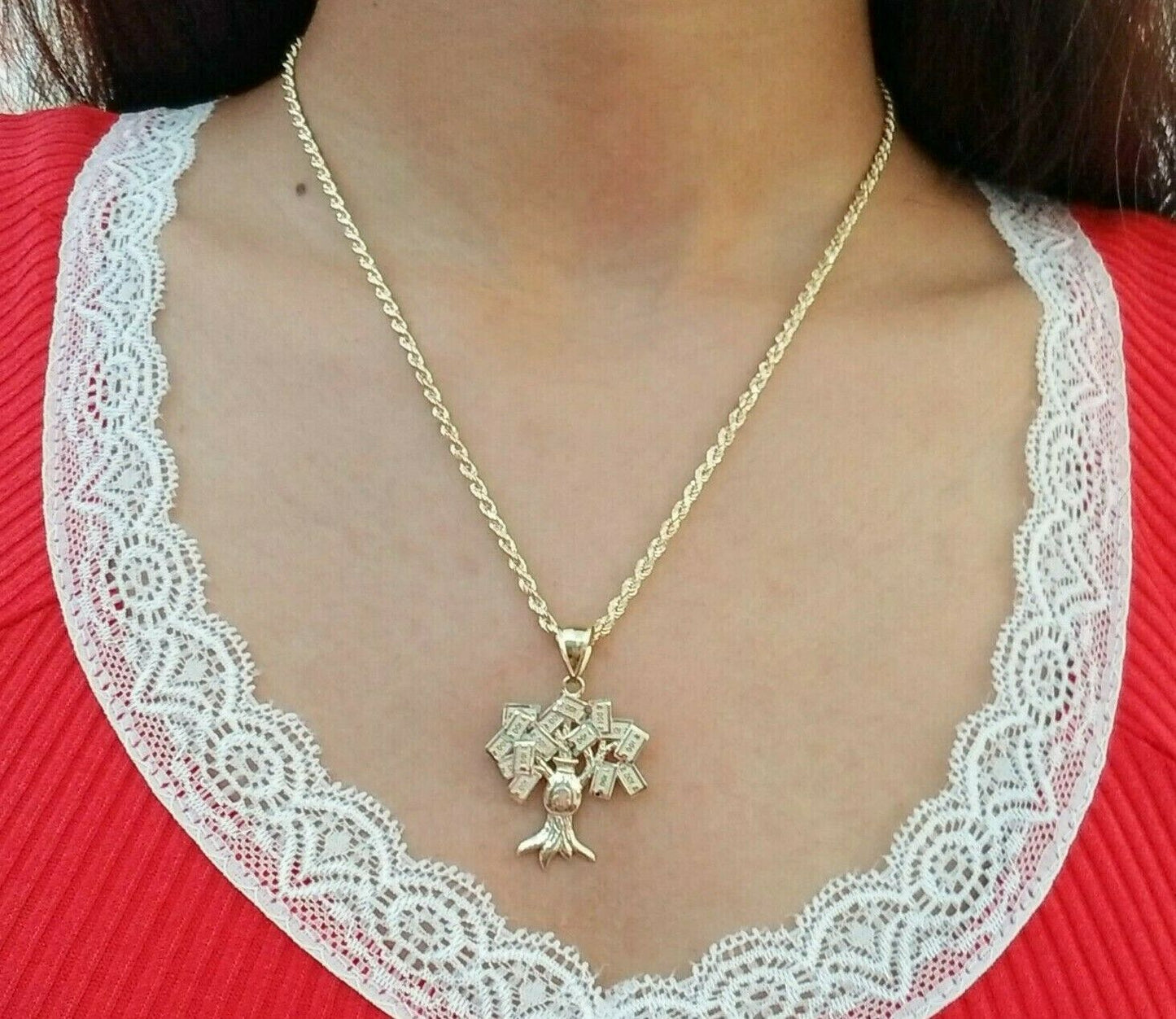 10k Yellow Gold Money Tree Pendant with 18 inch rope chain 3mm,10kt gold set