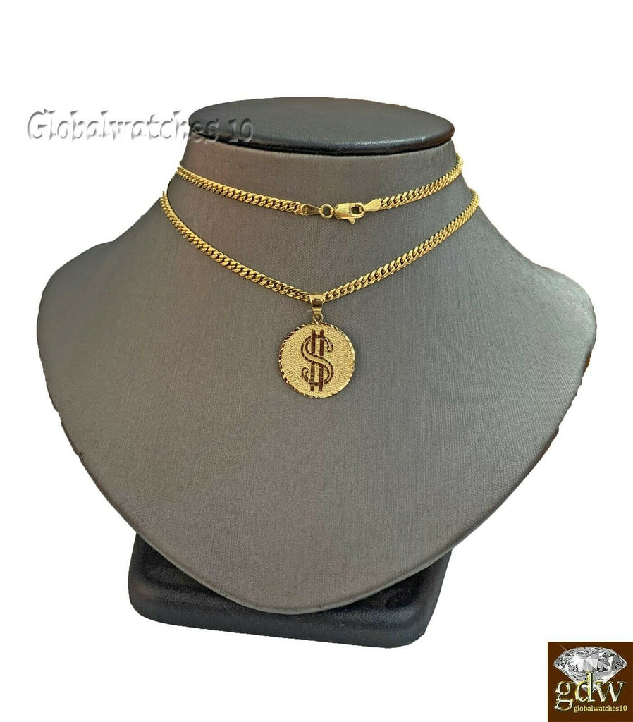 10k Gold Round Dollar Sign Pendant with Miami Cuban Chain in various Length Real
