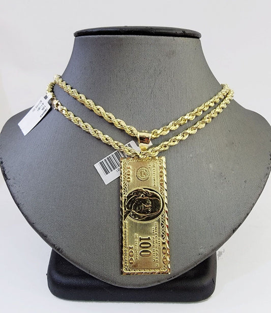 10K Yellow Gold Rope Chain 100 Dollar Charm Diamond Cut Men's Women's