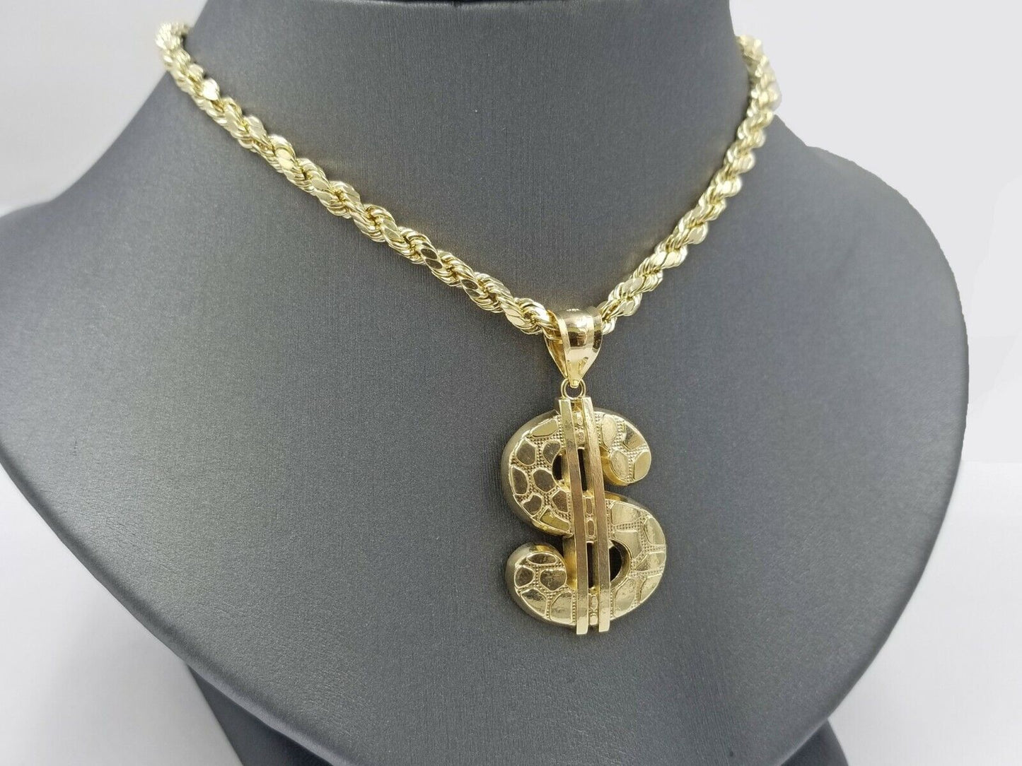 10K Gold Dollar  Sign Charm Nugget Pendant 4mm Rope Chain 20" 22" 24" 26" 28"