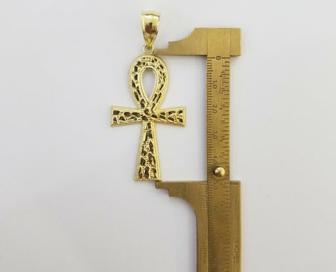 Real 10k Yellow Gold Men Ankh Cross Charm 20" Inch 6mm Miami Cuban Chain