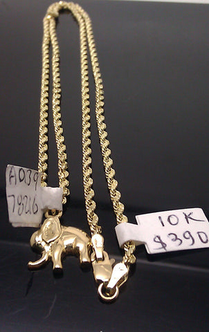 Real 10K Yellow Gold Elephant Charm 10k Gold Rope Chain Necklace 24" inch 3mm
