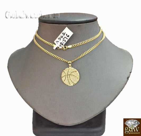 10k Gold Basket Ball Charm Pendant with Miami Cuban Chain in 20 22 24 26 inch