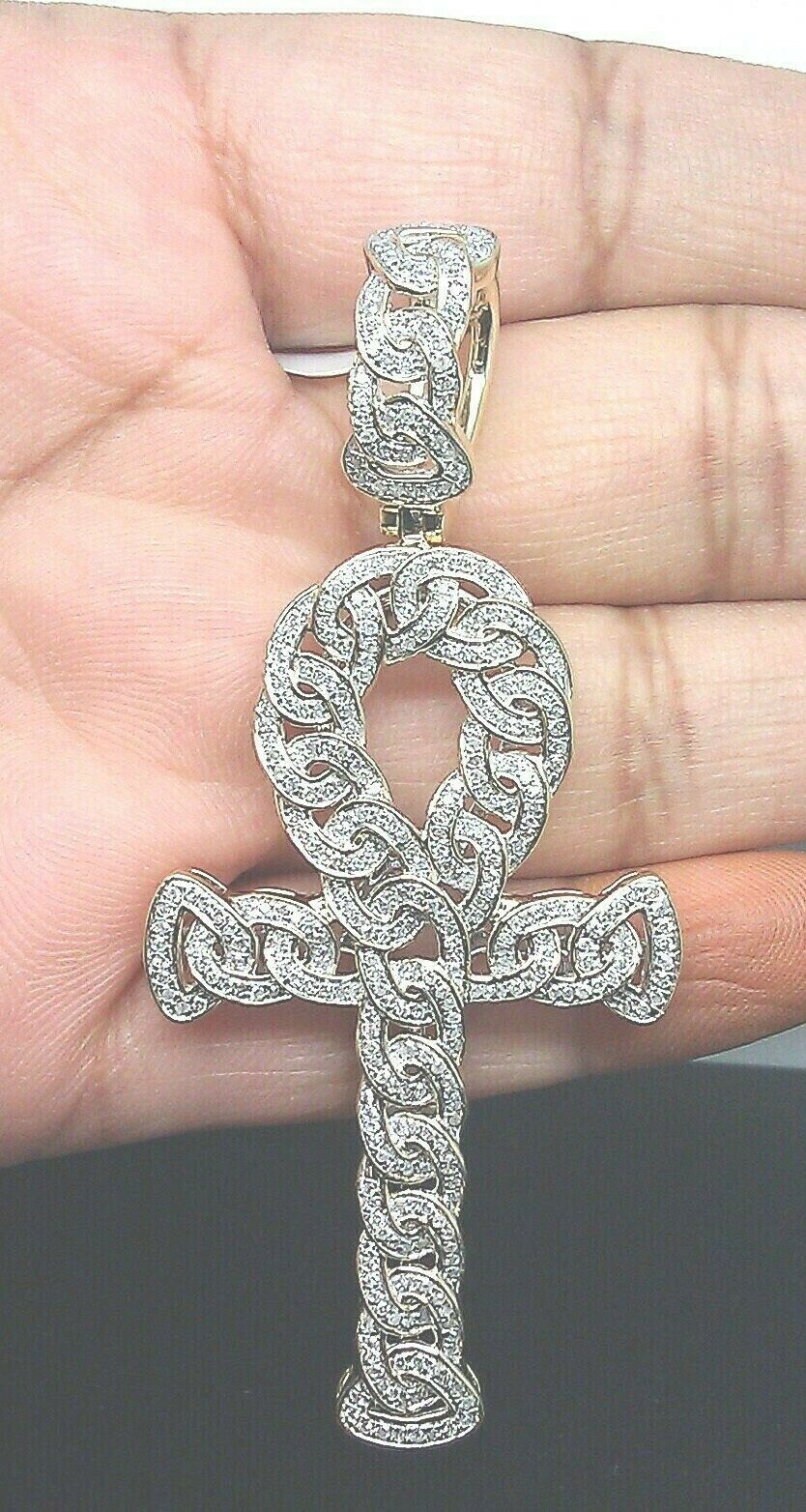 10k Gold Diamond Men Charm Pendant Ankh Cross cuban link design Yellow Gold Real